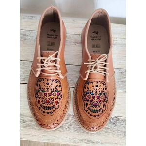 Genuine Leather Flat Skull Shoes Lace Up Tan Oxford Casual Mexican Size 8M